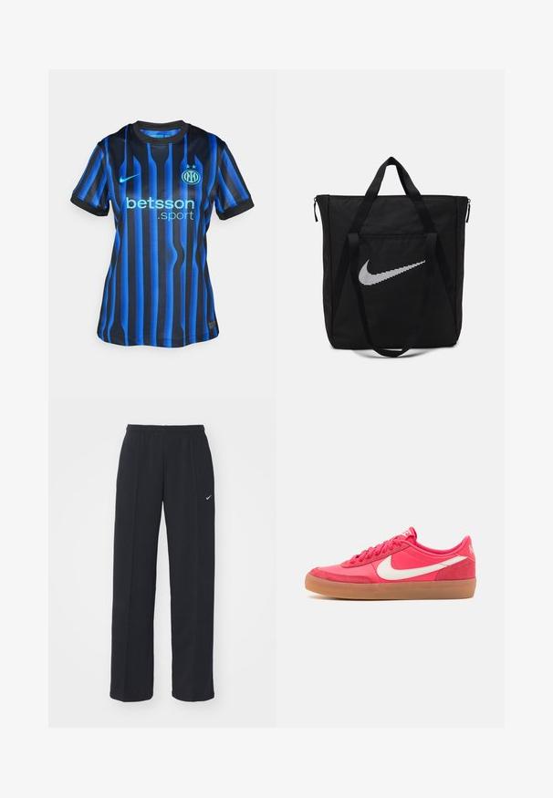 Melns un zils svītrains futbola krekls ar apaļu kakla izgriezumu. Uz krūtīm ir gaiši zils "betsson.sport" logo un apaļš komandas emblēma.; Melnas Nike sporta bikses ar elastīgu jostasvietu un sānu kabatām, ar nelielu balto logotipu kreisajā kājā un taisnu siluetu.; Rozā sporta apavi ar gludu sintētisku virsmu, balts Swoosh logo un gumijas zole. Iekļautas apaļas auklas un mīksts apkakle ērtībai.; Melna neilona koferis ar divām izturīgām rokturiem un ar rāvējslēdzēju. Tam ir izteikts balts Nike swoosh logotips horizontāli svītrainā dizainā.