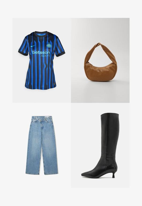 Črno-modra nogometna majica s črtami in okroglim izrezom. Ima svetlo modro oznako "betsson.sport" in okrugli grb ekipe na prsih.; Svetlo modri široki kavbojki iz denima, ki imajo visok pas, pet žepov, zapiranje na gumb in subtilno zbledelost za teksturo.; Zign Škornji - black; Tkanih kožni ročni torbici v rjavi barvi, ovalne oblike s širokim pletenim ročajem, z zadrgo in sijočo teksturo.