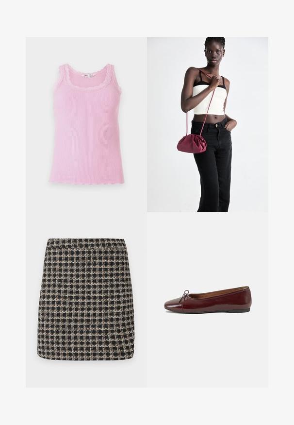 Fitted ribbed tank top in light pink, featuring lace trim around the neckline and armholes, with a scalloped hemline and soft texture.; Black and beige checkered mini skirt with a textured weave and a smooth waistband, featuring a structured fit and simple design.; Burgundy patent leather ballet flat with a rounded toe, small bow accent at the front, and a low, black rubber sole. Smooth texture.; Burgundy soft fabric handbag with a gathered design and a long strap, worn crossbody. Model wears a white crop top and black jeans.