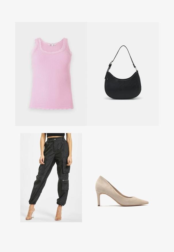 Dopasowany, prążkowany top na ramiączkach w jasnoróżowym kolorze, z koronkowym wykończeniem przy dekolcie i otworach na ramionach, z falbaniastym dołem i miękką teksturą.; Czarne spodnie cargo wykonane z lekkiego materiału mają wiele kieszeni, elastyczne mankiety oraz kieszeń na zamek z boku dla zwiększonej funkcjonalności.; Beżowe zamszowe szpilki z ostro zakończonym noskiem i obcasem o wysokości 7 cm. Gładka faktura, minimalistyczny design oraz płynna sylwetka.; Czarna torba hobo wykonana z gładkiej skóry, o zaokrąglonym kształcie, z pojedynczym regulowanym paskiem i minimalistycznymi detalami projektowymi.