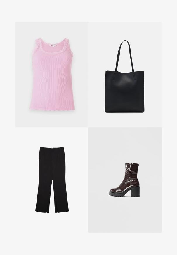Tætsiddende ribbet tanktop i lys pink, med blondekant rundt om udskæringen og armhulerne, en bølget nederkant og blød tekstur.; Sorte bukser med lige pasform, der har frontlommer og slidser i kanten. Lavet af blødt, glat stof. Velegnet til forskellige anledninger.; Glatte burgunder ankelstøvler med en chunky sort hæl, der har en glat tekstur og et simpelt design. Ingen synlige lukninger eller mønstre.; Sort læder tote taske med glat tekstur, rektangulær form og to lange hanke. Ingen synlig hardware eller udsmykninger.