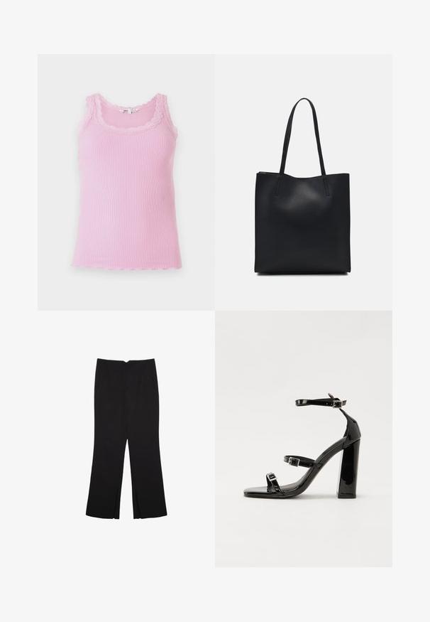 Top tank aderente a coste di colore rosa chiaro, con bordo in pizzo attorno al collo e alle braccia, orlo scallop e texture morbida.; Pantaloni neri a gamba dritta, con tasche frontali e spacchi laterali all'orlo. Realizzati in tessuto morbido e liscio. Adatti a diverse occasioni.; Sandali con tacco in vernice nera, con punta squadrata, cinturini alla caviglia e fibbie in argento. Presentano un tacco a blocco spesso per maggiore stabilità.; Borsa tote in pelle nera con texture liscia, forma rettangolare e due manici lunghi. Nessun hardware o decorazione visibile.