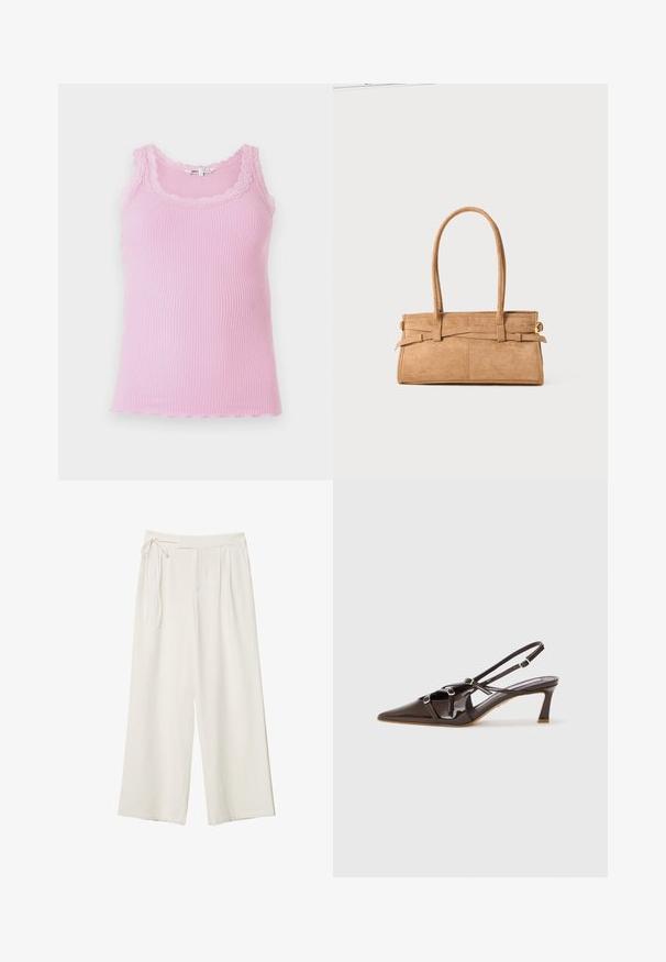 Fitted ribbed tank top in light pink, featuring lace trim around the neckline and armholes, with a scalloped hemline and soft texture.; Wide-leg pants in off-white fabric with a smooth texture. Features a tied waist and pleated front, designed for a relaxed fit.; Brown patent leather slingback heel with a pointed toe, adjustable straps, and decorative buckles on the front. 3-inch heel height.; Tan suede handbag with two long handles, rectangular shape, and decorative stitching. Features a side strap and subtle gold hardware accents.