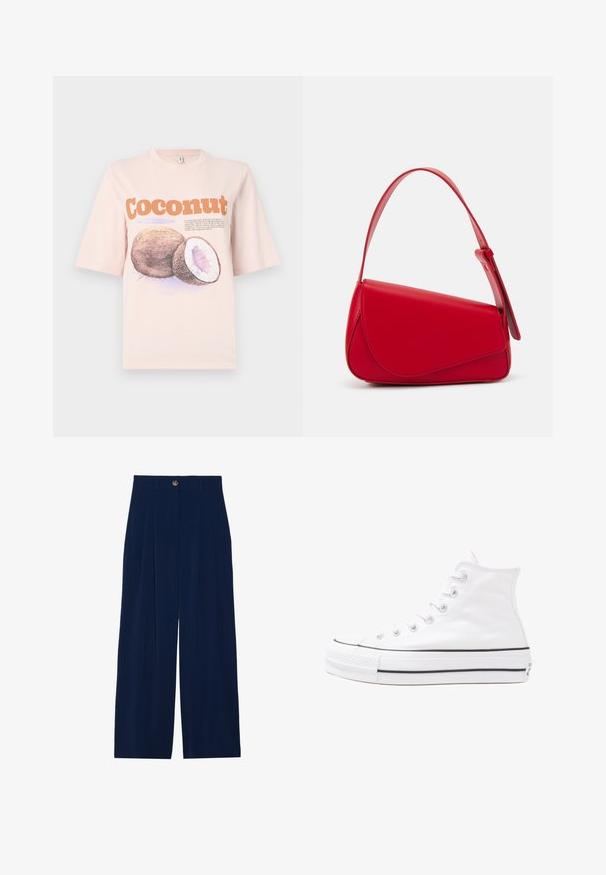 Helles rosa Baumwoll-T-Shirt mit einem Grafikdesign einer Kokosnuss, versehen mit Text in Orange und Lila. Kurzärmelig, lockere Passform, glatte Textur.; Blumenbluse mit langen Puffärmeln, hellcremefarbenem Grund, mit lila, orangefarbenen und grünen Blumenmustern sowie klassischem Kragen.; Marineblaue weit geschnittene Hose aus weichem Material, mit Bundfalten, Knopfverschluss und zwei seitlichen Taschen.; Weiße hochwertige Leinensneaker mit schwarzer Gummisohle, vorderem Gummizehenschutz und sechs Ösen für Schnürsenkel, die ein sauberes, minimalistisches Design aufweisen.; Rote Lederhandtasche mit einem kantigen, geometrischen Design. Verfügt über einen verstellbaren Schulterriemen und einen Klappenverschluss mit genähten Details.