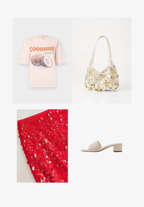 Vaaleanpunainen puuvillapaita, jossa on kookostekstillä graafinen kuva, sekä oranssia ja purppuraa tekstiä. Lyhyet hihat, rento malli, sileä pinta.; Punainen kangas, joka on peitetty kiiltävillä punaisilla paljeteilla, jotka on muotoiltu kukkien muotoon. Paljetit eroavat koossa ja tekstuurissa, luoden kerroksellisen ja tekstuuritun ilmeen.; Beige saappa puolipohjalla, jossa on leveä hihna ja avoin varvas. Tasainen materiaali ja tyylikäs muotoilu. Lyhyt ja tukeva korko vakauden takaamiseksi.; PARFOIS SHOULDER BAG AU NATUREL S - Käsilaukku - ecru