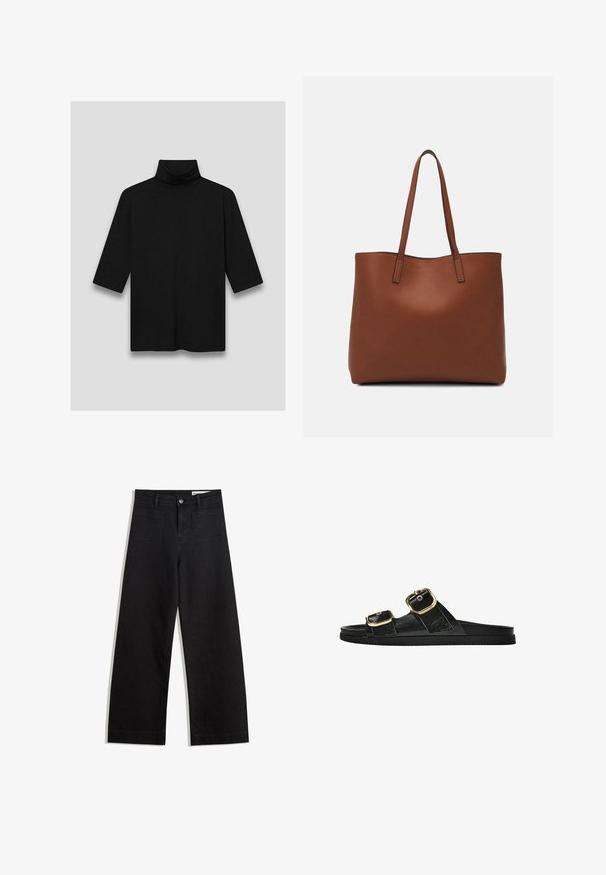 Zwarte coltrui met driekwart mouwen, gemaakt van een gladde stof. Eenvoudig ontwerp zonder zichtbare patronen of accenten.; Zwarte denim broek met wijde pijpen en een hoge taille, voorzien van voor- en achterzakken, gestikte naden en een knoopsluiting. Gladde textuur.; Zwarte slipper met twee gouden gesps, gladde textuur, platte zool en een minimalistisch ontwerp.; Bruine leren tote bag met een gladde textuur, een ontwerp met een open bovenkant en twee schouderbanden. Kenmerkt zich door minimale stiksels en geen zichtbare hardware.