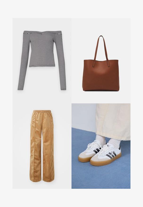 Fekete-fehér csíkos, vállról lelógó, hosszú ujjú felső, sima anyagból, testhezálló kialakítással és keskeny nyakkivágással.; Puha, bársonyos anyagból készült, világosbarna széles lábú nadrág. Jellemzője a gumis derék és az elülső részen végigfutó függőleges varrás, amely extra részletességet ad.; Fehér sportcipő fekete csíkokkal és bézs velúr részletekkel. Texturált gumi talppal és lapos fehér fűzőkkel rendelkezik, világos színű zoknival viselve.; Barna bőr vászontáska sima textúrával, nyitott tetejű dizájnnal és két vállpánttal. Minimális varrással és látható hardver nélkül készült.