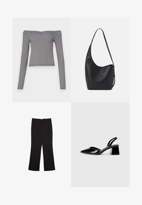 Svart- och vitrandig off-shoulder långärmad topp gjord av mjukt tyg med en figurnära design och smal halsringning.; Svarta byxor med rak passform, utrustade med framfickor och sidoklyvningar vid fållen. Tillverkade av mjukt, slätt tyg. Lämpliga för olika tillfällen.; Svarta lackläder slingback klackar med spetsig tå och geometrisk klack. Har en elegant, minimalistisk design och slät yta.; Svart läder hobo-väska med en slät textur, kurvig form och en justerbar axelrem; har en bred öppning upptill.