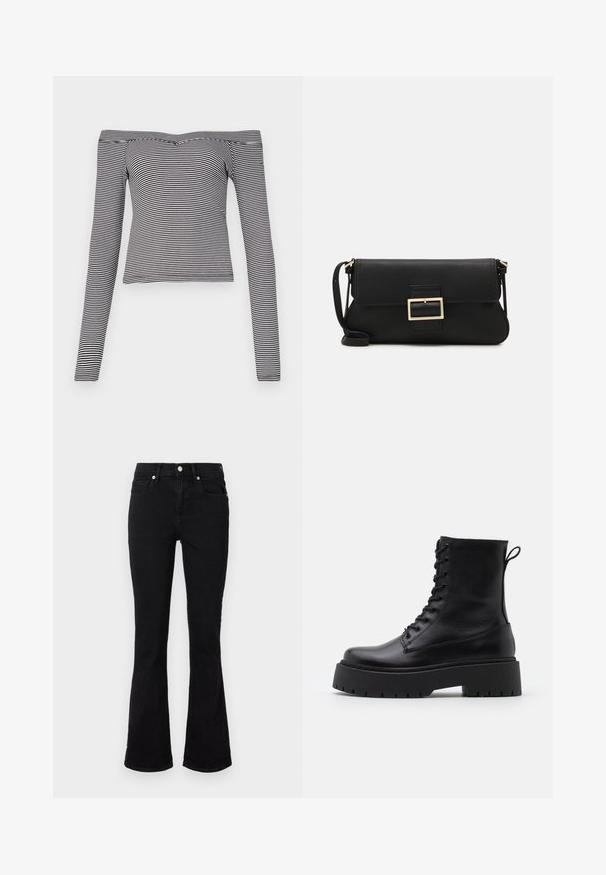 Mustvalge triibuline õlavarrest avatud pikkade varrukatega topp, mis on valmistatud siledast kangast, kitsase disainiga ja kitsase kaelusega.; Mustad flared teksasaapad, millel on keskmise tõusuga vöökoht, eesmine taskud ja nupplikuga kinnistus. Sile tekstuur minimaalse õmbluste detailidega.; Mustad mustad nahast pahkluu saapad ümarate varvastega, nööridega esiosas ja paksu kummist talla ning tekstuuritud mustriga. Tagumine tõmbeaas.; Must haben musta nahkklahviga kott, millel on klapp ja kuldne metallist pandla detail. Kaasas must rihm ja stiilne, minimalistlik disain.
