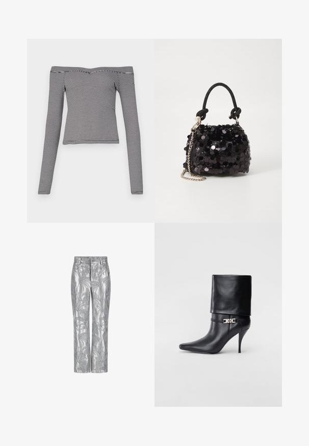 Juoda ir balta juostuota viršutinė dalis su nuleistais pečiais, ilgomis rankovėmis, pagaminta iš lygaus audinio, su prigludusia forma ir siauru iškirpimu.; Sidabriniai siuvinėti kelnių, turintys lapų raštą, tiesaus kirpimo dizainą ir sklandžią, blizgią tekstūrą. Funkcionalios kišenės ir sagos uždarymas.; Juodos odinės kulkšninių botų su smailiu nosiu, aukštu stiletto kulnu, apvyniojamu kraštu ir auksine dekoratyvine sagtimi prie kulkšnies.; Juodas blizgučių mini rankinukas su mazguotu tekstūruotu dirželiu ir sidabro grandine. Suapvalinta forma su susiraukšlėtopu ir atspindinčiomis detalėmis.