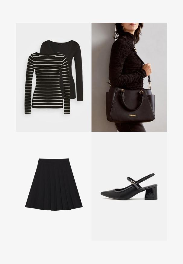Must have pikkade varrukatega must särk seljaosas; ees must-valge triibuline disain pikkade varrukatega ja ümmargune kaelus. Pehme kangastekstuuri.; Must mustriga seelik, millel on tekstureeritud kangas ja kitsas vöökoht. Ulatuv põlveni, omadab sujuvat ja lõputut siluetti.; Mustad läikivad nahast slingback-kõrged kontsad, millel on terav nina, ümar lõikekujundus ja blokknina. Omab kuldset nupu aktsenti.; Musthave must kott, millel on tekstuurne pind, kaks ülemist käepidet ja reguleeritav õlarihm. Omab kuldse tooni riistu ja külgtaskuid.