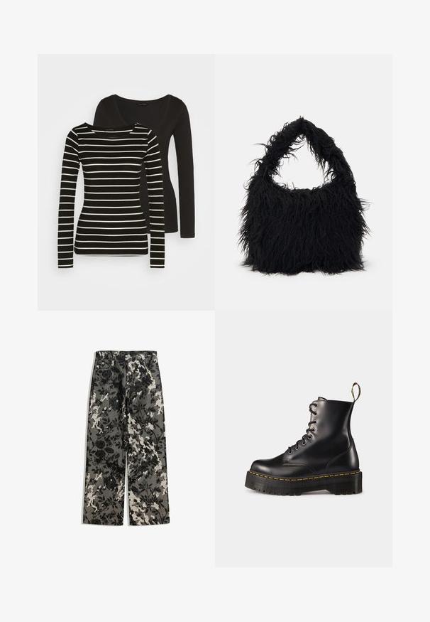 Zwarte lange mouwen top aan de achterkant; voorkant heeft een zwart-wit gestreept ontwerp met lange mouwen en een ronde hals. Zachte stoftextuur.; Mid-rise wijde broek in een textuurpatroon van zwart-witte bloemen op een grijze achtergrond, met een klassieke tailleband en zijzakken.; Zwarte leren veterschoenen tot de enkel met een robuuste zwarte zool en gele stiksels. Kenmerkend zijn de trekloop aan de achterkant en de ronde metalen oogjes.; Even&Odd Shopper - black