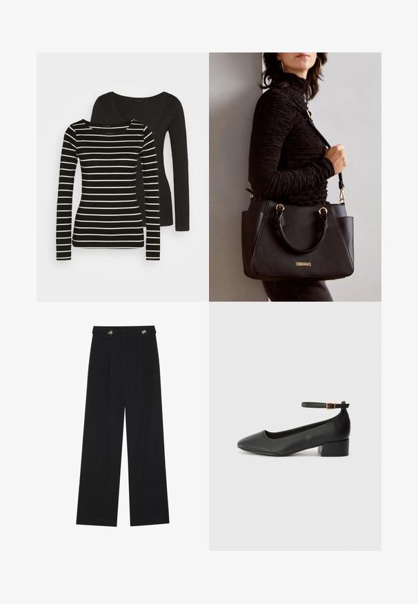 Sort langærmet bluse bagpå; forsiden har et sort og hvidt stribet langærmet design med en rund hals. Blødt stof.; Sorte vide bukser med høj talje, knapdetaljer på taljebåndet og frontfald.; Sorte læderpumper med spids tå og en lav blokhæl. Har en ankelrem med en guldfarvet spænde. Glat tekstur.; Sort håndtaske med struktureret overflade, dobbelt topbærere og justerbar skulderrem. Udstyret med guldfarvet metalhardware og sidelommer.