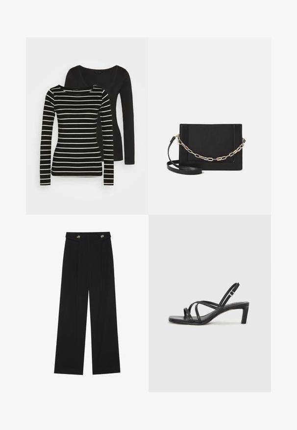 Czarny top z długim rękawem z tyłu; z przodu ma czarno-białe paski i okrągły dekolt. Miękka tekstura materiału.; Czarne szerokie spodnie z wysokim stanem, z detalami w postaci guzików na pasku oraz plisami z przodu.; Czarne sandały na obcasie z prostokątnym noskiem i niskim słupkowym obcasem. Posiadają wiele cienkich pasków i regulowany pasek na kostkę. Wykonane z gładkiej skóry.; Czarna skórzana torebka typu crossbody z gładką teksturą, prostokątnym kształtem oraz metalowym detalem w postaci łańcuszka z przodu. W zestawie regulowany pasek.; Srebrna obrączka podwójna z gładką, polerowaną powierzchnią. Posiada płynny, zakrzywiony kształt z nakładającymi się sekcjami, co nadaje nowoczesny wygląd.