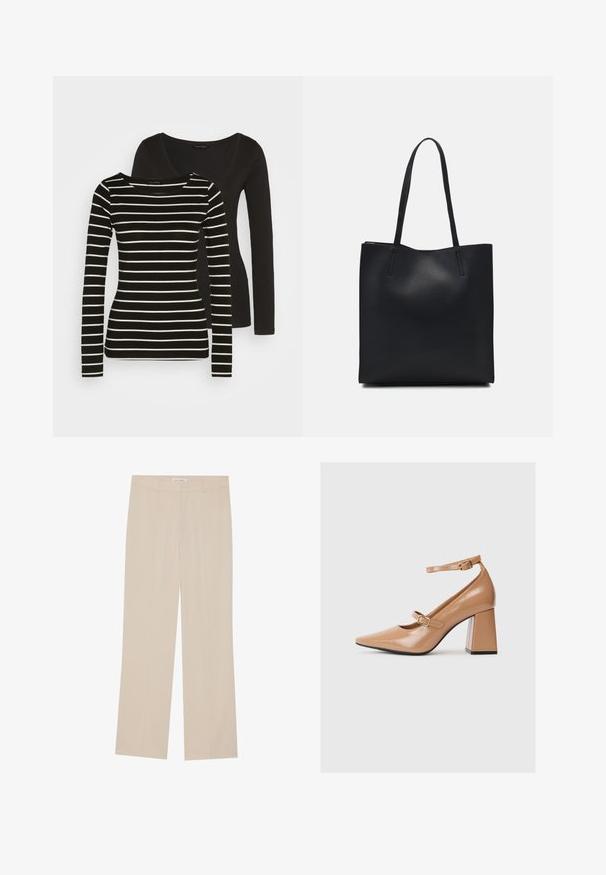 Top preto de manga longa nas costas; a frente apresenta um design de manga longa em listras pretas e brancas com um decote redondo. Textura de tecido suave.; Calças largas bege com uma textura suave, apresentando um corte ajustado, dois bolsos frontais e um detalhe de vinco subtil ao longo das pernas.; Sapatos de salto alto de couro sintético bege com bico pontiagudo, tira no tornozelo e salto quadrado grosso. Textura suave com acabamento brilhante.; Bolsa tote preta em couro com textura lisa, forma retangular e duas alças longas. Sem hardware ou enfeites visíveis.