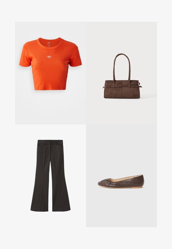 Orange cropped t-shirt lavet af ribbet stof, med rund halsudskæring og et lille hvidt "obey" logo broderet på brystet.; Sorte flagrende bukser med høj talje; har to forlommer og en glat stofstruktur. Egnet til forskellige anledninger.; Brune læder balletflade med en afrundet tå, rynket detaljer foran, og en flad, lysfarvet sål.; Brun ruskinds håndtaske med to robuste håndtag, rektangulær form og dekorativt stropdetalje på forsiden.