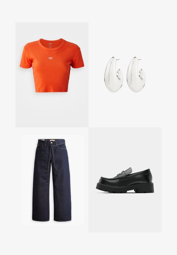 Orange cropped t-shirt lavet af ribbet stof, med rund halsudskæring og et lille hvidt "obey" logo broderet på brystet.; Bredde ben mørkeblå denim jeans med høj talje, der har snoretræk, fem lommer og kontrastsyet detaljer.; Sorte læder loafers med en chunky tekstureret sål, der har en rem over vamps og en glat, poleret finish.; Sølvfarvede øreringe med et forlænget, bølget design. Glat, reflekterende overflade med en gennemboret bagside.