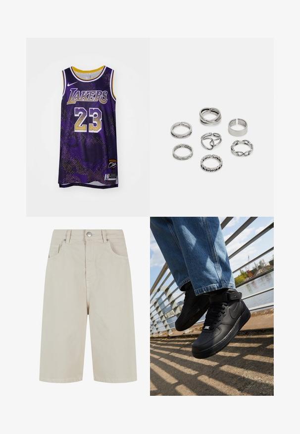 Lilla korvpallide ei ülikond, millel on valge kiri "LAKERS", number "23" kuldses värvuses, võrgukangast ja kuldne aksent krae ääres. NBA logo alläärtes.; Beige denim lühikesed püksid otseküljega, ees nööpkinnitusega ja nelja taskuga. Kangas on sileda tekstuuriga ja minimaalsete õmblustetailidega.; Mustad mustad Nike Air Force 1 sneakerid nahast pealsega, mestist keelaga ja kummist tallaga, millel on kõrge disain ja paksud paelad.; Seitsme hõbesõrmuse komplekt, millel on erinevad kujundid, sealhulgas keerdunud, seotud ja graveeritud mustrid. Erinevad kujundid ja laius.