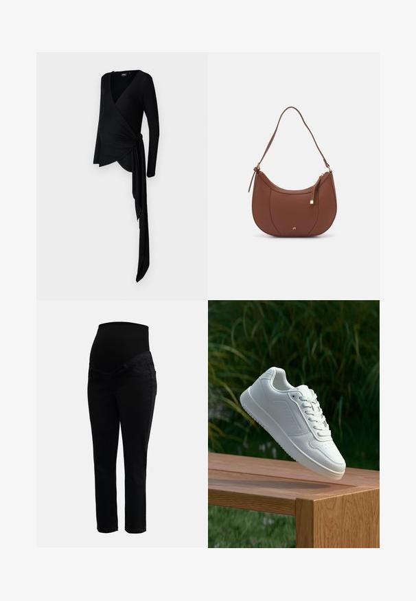 Crna, majica za trudnice s dugim rukavima u obliku omota s dubokim V izrezom, koja sadrži drapirane veze sa strane, napravljena od mekog, rastezljivog materijala.; Crne trudničke traperice s rastezljivim visokim pojasom i uskim nogavicama, dizajnirane za udobnost i podršku tijekom trudnoće.; Bijela tenisica sa glatkim sintetičkim gornjim dijelom, perforiranim prednjim dijelom, ravnim vezicama i teksturiranom potplatom, prikazana na drvenoj površini.; Smeđa torba od umjetne kože s zakrivljenim oblikom, minimalnim šavovima i zlatnim metalnim detaljima. Ima zatvaranje na gornjoj strani sa patentnim zatvaračem i podesivu naramenicu.