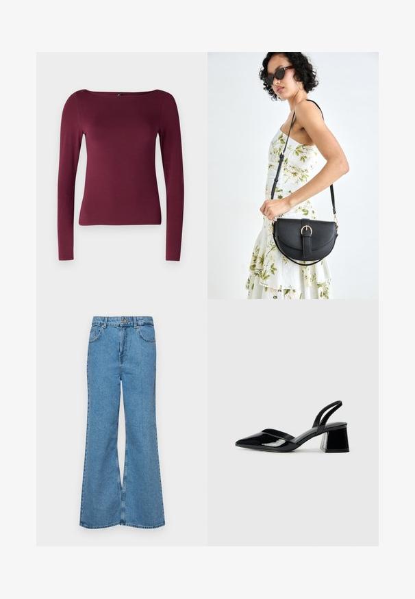 ONLY ONLLIVE LOVE - Camisola de manga comprida - burgundy; Jeans de brim azuis claros, com corte à boca de sino, apresentando uma cintura alta, cinco bolsos e um fecho de botão único. Textura macia com acabamento desbotado.; Sandy em verniz preto com salto slingback, ponta afilada e salto geométrico. Apresenta um design elegante e minimalista com textura suave.; Bolsa de couro preta com forma curva, alça destacável e detalhes em dourado. A bolsa possui uma aba com detalhe de fivela.