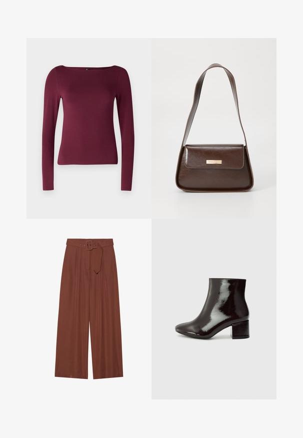 ONLY ONLLIVE LOVE - Hosszú ujjú felső - burgundy; Barna anyagból készült, széles szárú nadrág, négyzet alakú csattal ellátott övvel, redők kialakítással és sima textúrával.; Fekete lakkbőr bokacsizma hegyes orral és vastag sarokkal. Simás textúra finom fényű, letisztult vonalakkal, minimalista design.; Barna bőr válltáska, struktúrált formával, mágneses fedélzárral és fémből készült logóval az elején.