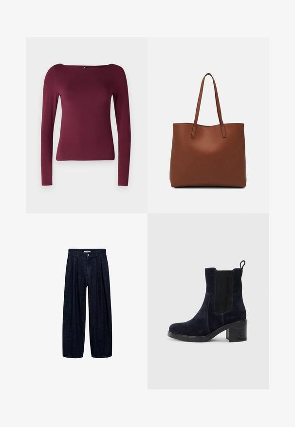 ONLY ONLLIVE LOVE - Long sleeved top - burgundy; Dark denim wide-leg trousers with pleats at the waist, featuring a front button and belt loops. Smooth texture and full-length design.; Navy blue suede ankle boot with elastic side panel, rounded toe, and block heel. Textured fabric and smooth sole add contrast.; Brown leather tote bag with a smooth texture, open top design, and two shoulder straps. Features minimal stitching and no visible hardware.