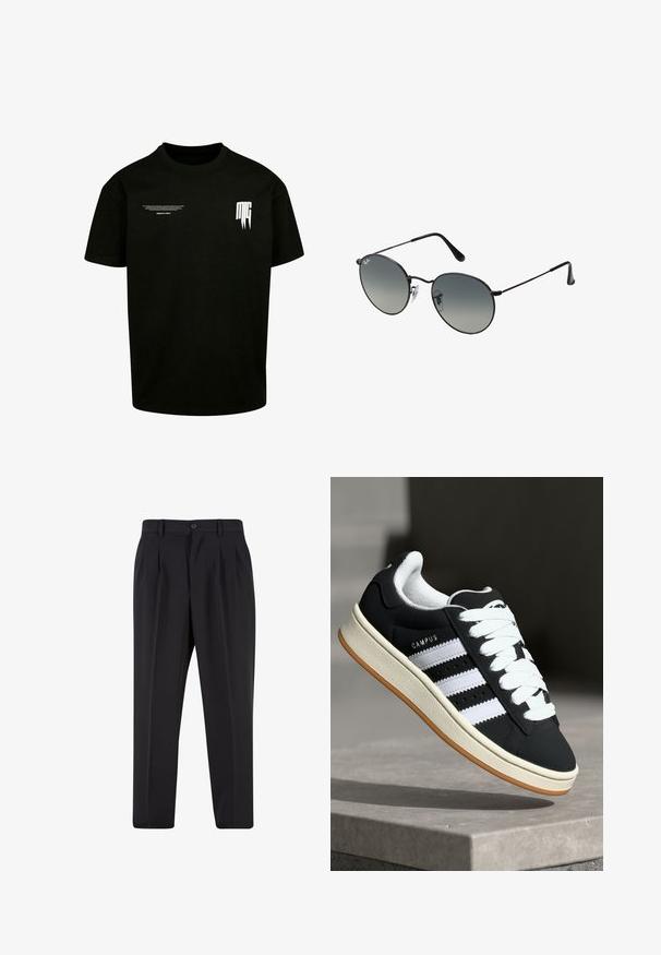 Black cotton t-shirt featuring short sleeves, a round neckline, and white printed text and graphic accents on the front.; Black trousers with a pleated front design, made from smooth fabric. Features a button closure and belt loops; straight-leg fit.; adidas Originals CAMPUS 00S - Trainers - core black/footwear white/off-white; Black metal sunglasses with round gradient lenses, featuring thin temples and clear nose pads for a comfortable fit.