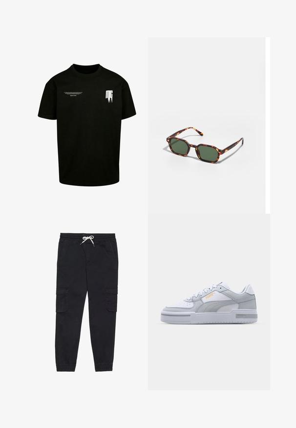 Black cotton t-shirt featuring short sleeves, a round neckline, and white printed text and graphic accents on the front.; Black cargo pants made of cotton, featuring an elastic waistband with a drawstring, side pockets, and tapered cuffs.; Gray and white sneakers with smooth leather upper, perforated toe, lace-up closure, textured accents, and a subtle gold logo.; Tortoiseshell sunglasses with green lenses, featuring an octagonal shape and slim, curved arms. Material has a glossy finish.