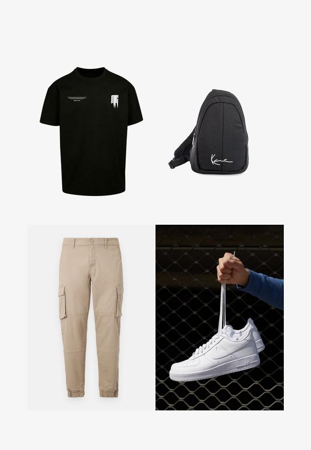 Svart bomull t-skjorte med korte ermer, rund halslinning og hvit trykt tekst og grafiske detaljer på forsiden.; Beige cargo bukser i let bomuldsmateriale. Har elastiske manchetter, flere sidelommer og en knaplukning.; Hvite skinnsneakers med perforeringer, rund tå, flat såle og tykke lisser, med en synlig swoosh-logo og "AIR" på hælen.; Svart tekstil sling ryggsekk med en jevn tekstur, med en buet design, glidelåsrom, og en hvit logo på forsiden.
