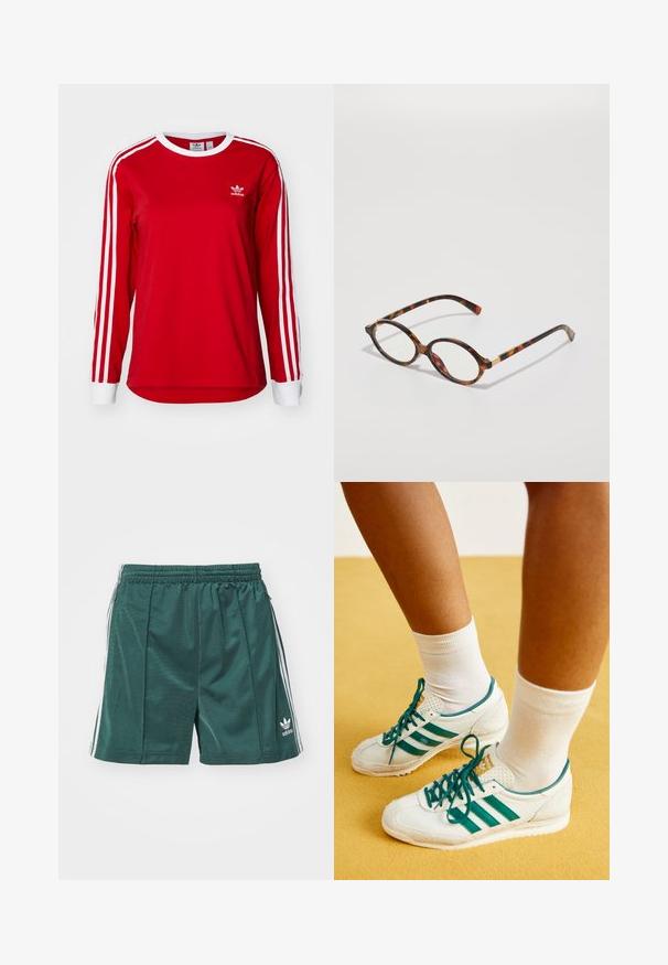 Rød langermet skjorte laget av bomull med hvite striper på skuldrene og en rund halslinning. Har en liten hvit logo på brystet.; Grønn idrettsshorts laget av glatt stoff, med elastisk midje, sidestriper og en liten hvit logo på nederste ben.; Hvite joggesko med grønne striper og snørebånd, med en teksturert tåhette og polstret krage, kombinert med hvite ankelsokker på en gul overflate.; Skilpaddebrune briller med ovale rammer, klare linser og gull aksenter. Har buede stenger og en jevn, blank overflate.