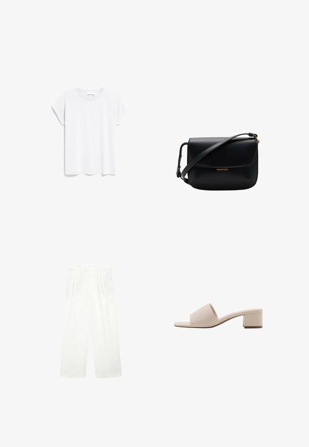 ARMEDANGELS IDAARA - Basic T-shirt - white; White wide-leg trousers made from a light fabric, featuring a flat front, pleats, and a waistband, offering a loose, airy fit.; Beige block-heeled sandal with a wide strap and open toe. Smooth material and sleek design. Short, sturdy heel for stability.; Black leather crossbody bag with a flap closure and adjustable shoulder strap, featuring a small rectangular gold accent.