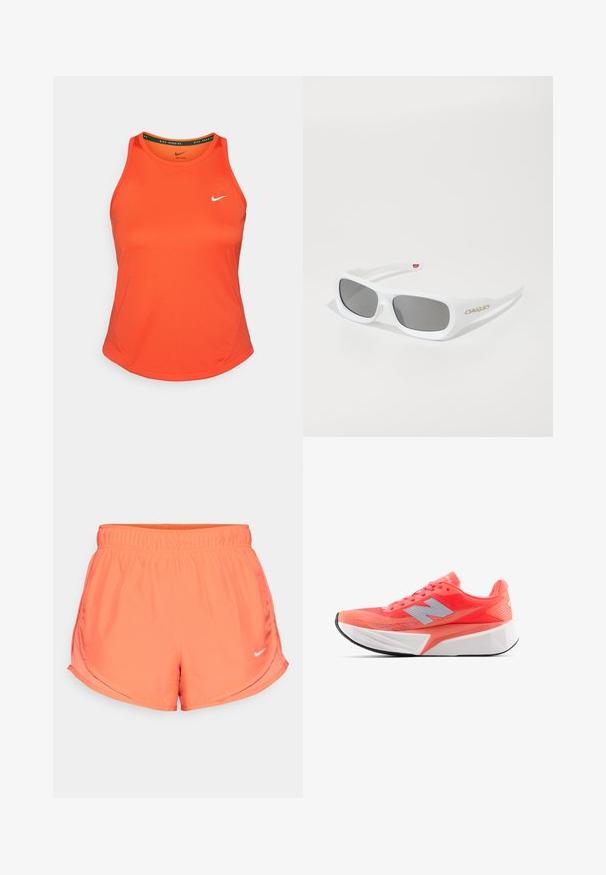 Oranžno brezrokavno atletsko majico iz gladkega materiala, ki ima majhen bel Nike logotip na levem prsnem delu in okroglo izrezano ovratnik.; Koralne Nike kratke hlače imajo elastičen pas, bočne razpoke za mobilnost in majhen srebrn logo na spodnjem desnem delu. Gladek, lahek material.; Lahka tekaška čevlja v svetlem koralnem odtenku z mrežnim zgornjim delom in srebrnim logotipom. Odtisnjen bel podplat iz pene in črnen gumijasti podplat.; Bela pravokotna Oakley sončna očala s temnimi lečami, ki ležijo na beli površini, logotip je viden na strani.