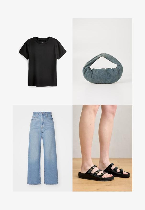 T-shirt nera in cotone con maniche corte, scollo rotondo e texture a coste. Nessun motivo o accessorio; linea dritta standard.; Jeans a vita alta blu chiaro con gamba larga, chiusura frontale con bottone e zip, tasche anteriori e posteriori, su uno sfondo bianco.; Sandali neri realizzati in materiale liscio, caratterizzati da tre cinturini regolabili con fibbie dorate e una suola piatta con grip testurizzato.; Borsa in denim blu con una forma arrotondata e imbottita e una maniglia curva. La texture è morbida, con cuciture visibili e una finitura liscia.