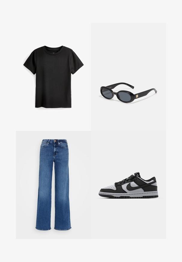 Černé bavlněné tričko s krátkými rukávy, zaobleným výstřihem a jemným žebrováním. Bez vzorů a kovových doplňků; standardní rovný střih.; Světle modré džíny s vysokým pasem a širokými nohavicemi, s knoflíkovým a zipovým zapínáním, a s předními a zadními kapsami, na jednobarevném světlém šedém pozadí.; Černé a šedé nízké tenisky Nike Dunk s perforovanou špičkou, hladkými koženými akcenty a gumovou podrážkou s texturovaným vzorem.; Černé oválné sluneční brýle s tmavými skly, lesklým plastovým rámem, širokými stranami a malým zlatým detailem na jedné straně.; Hnědá kabelka se vzorem a koženými akcenty, dvojitou rukojetí a odnímatelným popruhem. Má zipové zavírání a strukturovaný tvar.