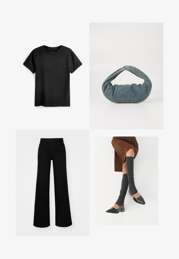 Schwarzes Baumwoll-T-Shirt mit kurzen Ärmeln, rundem Halsausschnitt und gerippter Textur. Keine Muster oder Applikationen; standardmäßiger gerader Schnitt.; Schwarze weit geschnittene Hose aus Denim, mit einem strukturierten Bund, Gürtelschlaufen und Fronttaschen. Glatte Textur mit klassischem Design.; Schwarze lacklederne spitze Schuhe mit Blockabsatz und Knöchelriemen, kombiniert mit grauen gerippten Beinstulpen und einem braunen Wildlederrock.; Blaues Denim-Tasche mit einer gepolsterten, runden Form und einem gebogenen Griff. Die Textur ist weich, mit sichtbaren Nähten und einer glatten Oberfläche.