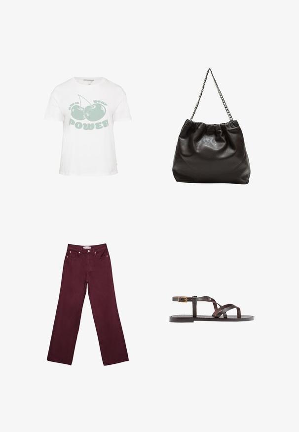 T-shirt en coton blanc avec un design graphique de deux cerises vertes et le texte "possède ton ÉNERGIE" dans une police ludique. Manches courtes, coupe décontractée.; Jean taille haute bordeaux avec coupe droite, dotés de poches avant, d'une fermeture à bouton et d'accents en métal couleur cuivre.; Sandale en cuir marron avec des brides entrecroisées, une fermeture à boucle à la cheville et une semelle plate avec des détails de couture minimaux.; Sac en cuir marron avec un haut froncé et une bandoulière en chaîne. Texture lisse avec une finition brillante et des coutures subtiles sur les côtés.