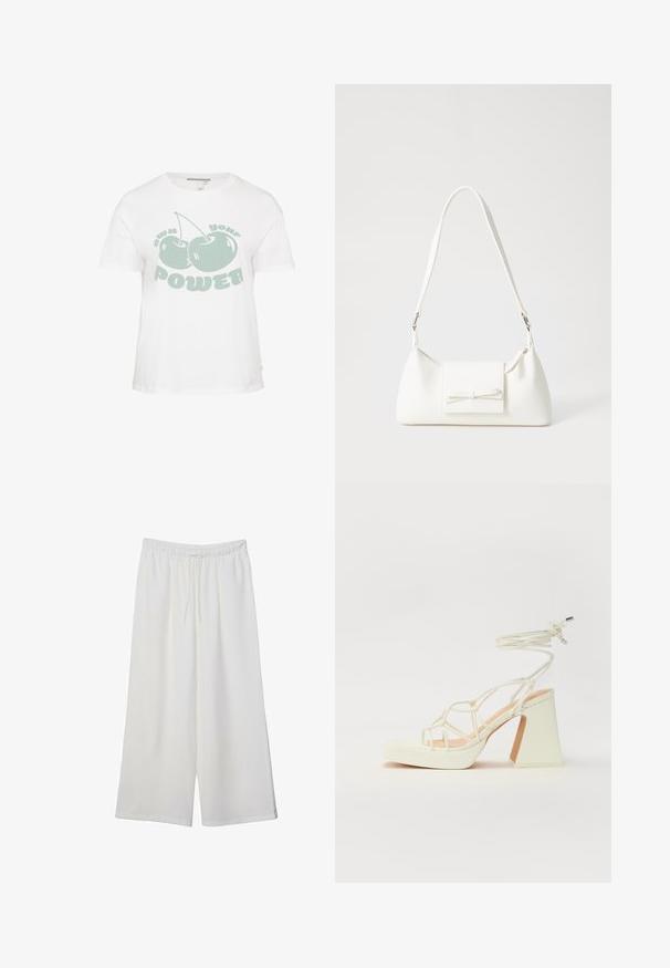 White cotton t-shirt featuring a graphic design of two green cherries with the text "own your POWER" in a playful font. Short sleeves, relaxed fit.; White wide-leg trousers made of lightweight fabric, featuring an elastic waistband and a drawstring for adjustable fit. Smooth texture.; White high-heeled sandal with a chunky heel, featuring a strappy design and ankle tie. Smooth texture with a platform front for added height.; White synthetic handbag with a triangular shape, flat front flap and bow detail, adjustable strap, smooth texture, and minimalistic design.