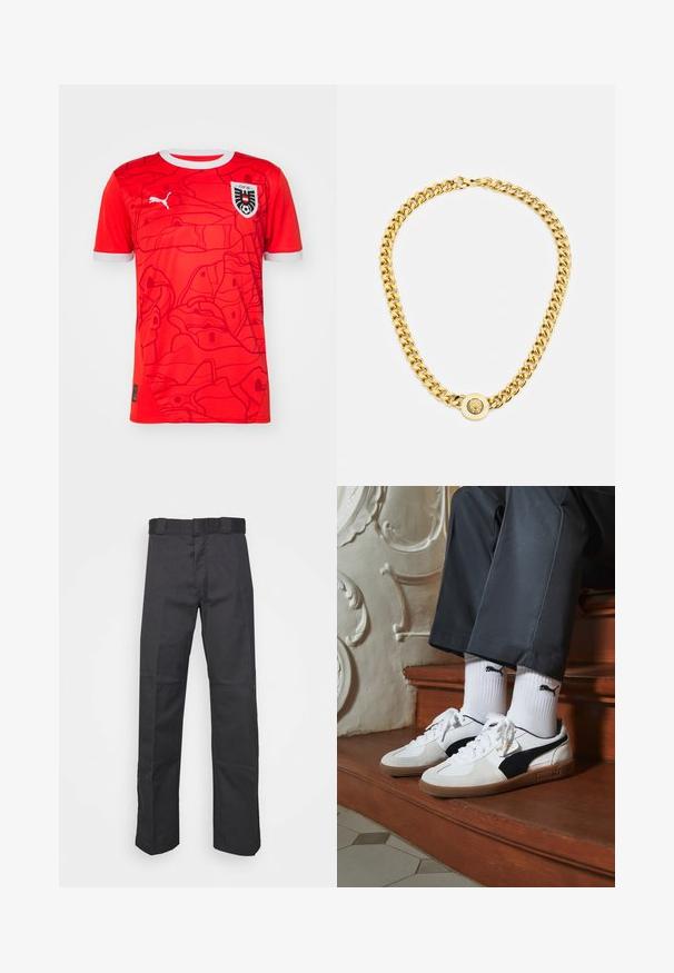 Rdeča nogometna majica iz dihalnega materiala, ki ima abstraktni vzorec in bel ovratnik. Vključuje logo Puma in grb nacionalne reprezentance.; Črne hlače iz trpežnega blaga, z ravnim krojem, pasom z zankami za pas in šivi za dodano teksturo.; Puma superge v beli in črni usnjeni izvedbi, sročene s rjavim gumijastim podplatom. Usklajene z belimi nogavicami z črnim logotipom, nosijo se s temnimi hlačami.; Zlata verižica z velikimi medsebojnimi povezavami, ki ima v središču krožni obesek z izbočenim grbom.