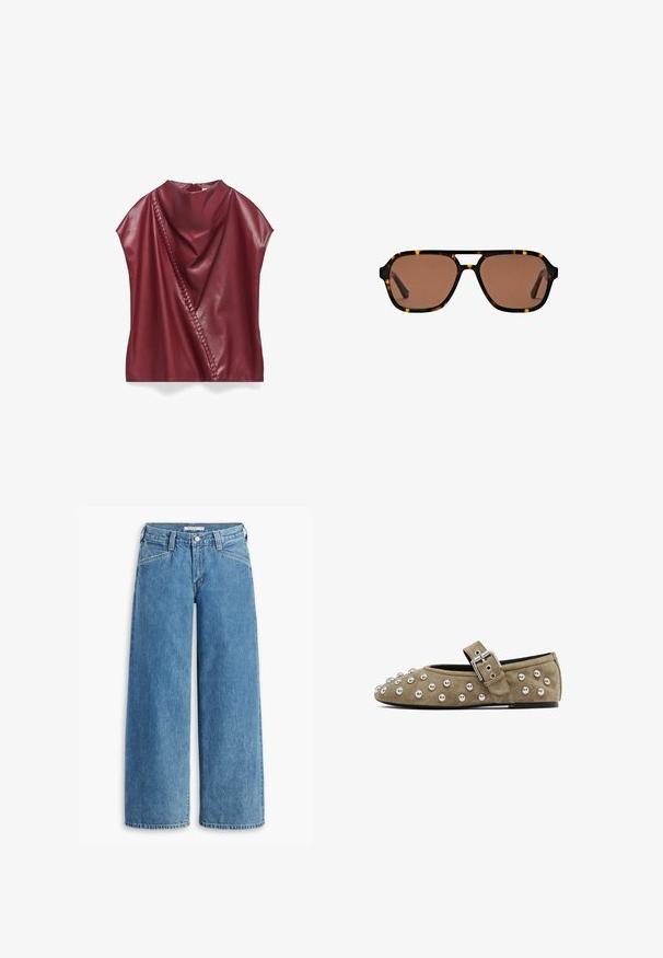 Top in ecopelle borgogna con scollo drappeggiato, design asimmetrico e dettagli laterali con un accento intrecciato lungo la cucitura.; Jeans ampi di jeans blu chiaro, con vita alta, cinque tasche e chiusura con bottone classica. Taglio dritto dalla coscia all'orlo.; Scarpa flat in suede color taupe con borchie metalliche sulla punta e cinturino in pelle con fibbia argentata. Punta arrotondata e suola piatta.; Occhiali da sole rettangolari di colore marrone con montatura in tartaruga e un design a doppio ponte su uno sfondo bianco.; Borsa sintetica bianca a forma triangolare, con patta anteriore piatta e dettaglio a fiocco, tracolla regolabile, texture liscia e design minimalista.