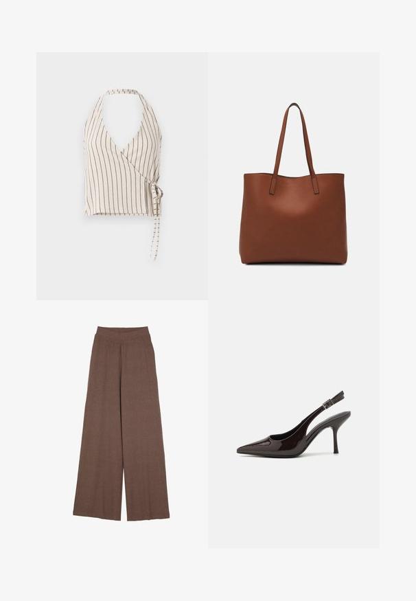 Beige szövetből készült felső, függőleges fekete csíkokkal. Mély V-kivágással, nyakpántos kialakítással és oldalt megkötős záródással rendelkezik.; Széles szárú nadrág, texturált, bordázott anyagból, meleg barna színben. Zökkenőmentes derékrésszel és folyékony sziluettel rendelkezik.; Fényes sötétbarna lakkbőr magas sarkú slingback cipő, hegyes orral, nyitott oldalakkal és állítható bokapánttal.; Barna bőr vászontáska sima textúrával, nyitott tetejű dizájnnal és két vállpánttal. Minimális varrással és látható hardver nélkül készült.
