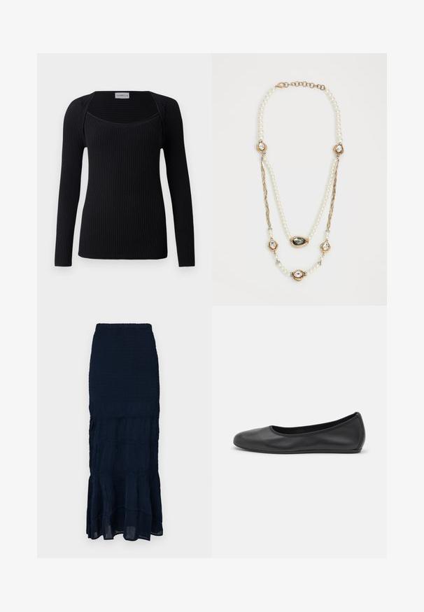Svart langermet topp med ribbestruktur, med firkantet utringing og tettsittende design. Laget av et mykt, elastisk materiale.; Marineblå, smocked midiskjørt med et lagdelt, rysjekant og teksturert stoff. Elastisk midjebånd for justerbar passform.; Svart skinnballettflatt med rund tå, glatt tekstur, minimal sømdetalj, og et fleksibelt såledesign.; Perle halskjede med gullakenter, tre gem-stenbesatte innsatser og en fléttet kjede-del. Fargepaletten inkluderer hvit og gull.