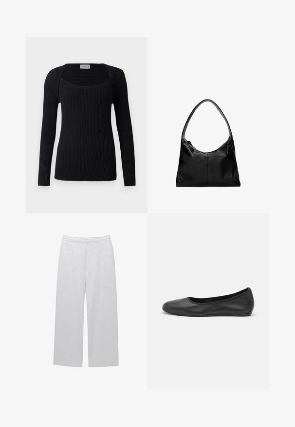 Svart långärmad topp med ribbad textur, med fyrkantig halsringning och figurnära design. Gjord av ett mjukt, elastiskt material.; Vita vida byxor i mjukt tyg med elastisk midja och två sidofickor; slät yta och minimal detaljering.; Svart läderballerinaskor med rund tå, slät yta, minimala söm detaljer och en flexibel sula.; Svart läderaxelväska med en slät yta, en böjd topp och ett enskilt bärhandtag. Har dragkedjestängning och minimalistisk design.