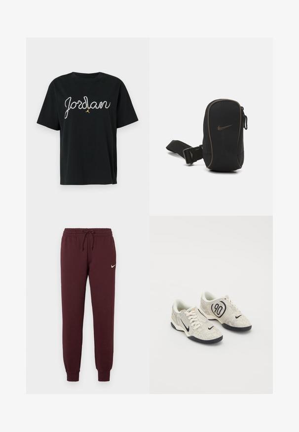 Črna bombažna majica s kratkimi rokavi, na kateri je napis "Jordan" iz rhinestones ter zlatim poudarkom logotipa Jumpman pod besedilom.; Bordo trenirke z elastičnim pasom in vrvico. Imajo rebraste manšete in majhen beli Nike logo na levem stegnu. Gladka tekstura.; Nike superge z zgornjim delom v bež in sivi teksturi, črnimi detajli, velikim logotipom "90" in belim vezalnim zapiranjem. Črn podplat.; Črn Nike etui z zadrgo, teksturirano blago, rjavi poudarki in odvojljiv pas. Ima izrazit Nike logo spredaj.