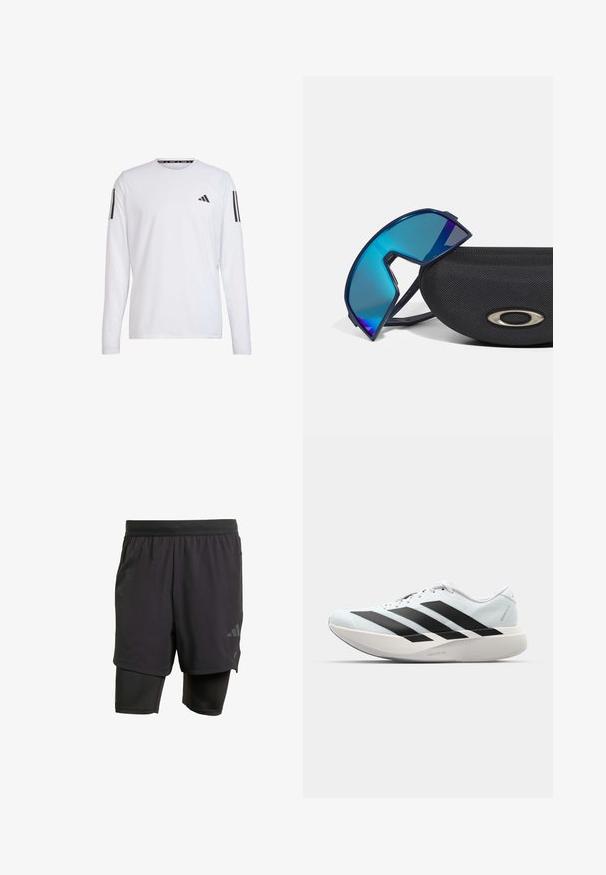 adidas Performance T-shirt à manches longues - white; Shorts de sport noirs avec une couche intérieure intégrée, fabriqués en tissu respirant. Présentent un logo discret et une texture structurée. Ceinture ajustable.; Baskets de course légères en bleu pâle avec des rayures noires. Elles présentent un dessus lisse, un embout rond et une semelle intermédiaire blanche épaisse étiquetée "LIGHTSTRIKE PRO".; Lunettes de soleil enveloppantes teintées de bleu avec un design sportif, reposant sur un étui noir texturé présentant une accentuation logo métallique.