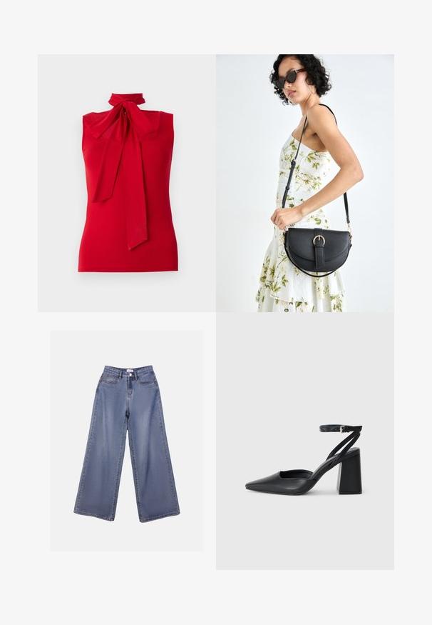 Crvena bezrukava majica s visokim izrezom i detaljem mašne. Glatka tkanina s krojem koji se uklapa, bez uzoraka ili vidljivih dijelova.; Široke traperice u svijetloplavom izbljeđenom tonu, s visokim strukom, prednjim džepovima i zakovicom s petljama za remen.; Crne kožne cipele s špicastim vrhom, remenom oko gležnja i debelim potplatom. Ravna tekstura, elegantan dizajn i minimalistička estetika.; Crna kožna torba s lukovitim oblikom, odvojivim remenom i zlatnim detaljima. Torba ima preklop s kopčom.; Srebrna dvostruka prsten s glatkom, poliranom površinom. Karakterizira ga fluidan, zakrivljen dizajn s preklapajućim sekcijama za moderan izgled.