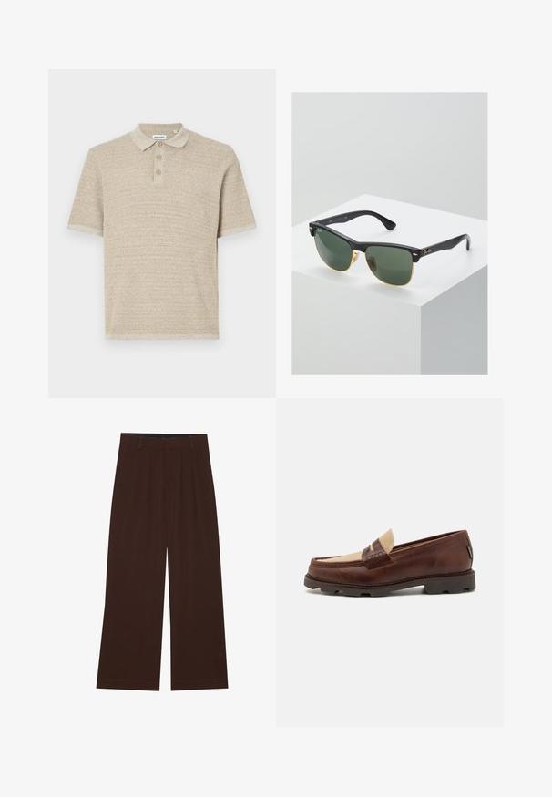 Beige polo skjorte, korte ærmer, tekstureret strikstof, tre-knaps lukning, klassisk krave, subtilt mønster, afslappet pasform.; Brune bredbenede bukser med plisseringer. Lavet af et glat stof, der har en skræddersyet talje og sidelommer. Flad kant nederst.; Brune læder loafers med en taupe canvas detalje, syet pynt og en tekstureret gummisål, der er designet til komfort og holdbarhed.; Ray-Ban solbriller med grønne linser, sorte plastikstel og gyldne detaljer ved kanterne. Firkantet form med mat finish.