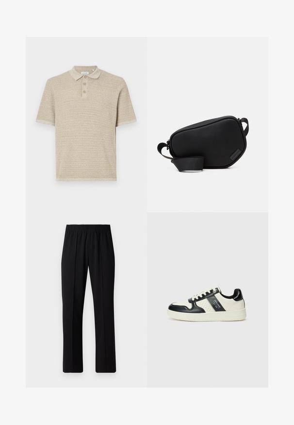 Beige polo krekls, īsas piedurknes, teksturēta adīta auduma, trīs pogu aizdare, klasiskā apkakle, maiga raksta, brīvs piegriezums.; Melni elastīgi bikses ar taisnas kājas dizainu, ar gludu tekstūru un bez redzamām zīmēm vai detaļām.; Ādas sporta apavi ar melnbaltu krāsu shēmu, ar perforētiem akcentiem, mīkstinātu apkakli un teksturētu zoli.; Melnā, rāvējslēdzēja plecu soma, kas izgatavota no gludas materiāla, ar plakanu formu, vienu siksnu un nelielu logotipa akcentu. Minimalistisks dizains.; Baltas pērļu kaklarota ar vienmērīgu apaļu formu, gludu virsmu un metāla aizdari ar pagarinājuma ķēdi regulējamai garumam.