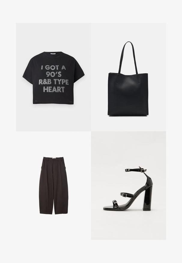 Černé zkrácené tričko vyrobené z bavlny, s textem z kamínků, který zní: "MÁM SRDCE VE STYLU R&B Z 90. LET." Krátké rukávy a kulatý výstřih.; Černé široké kalhoty vyrobené z hladkého materiálu, s vysokým pasem, předními sklady a bočními kapsami. Jednoduchý design bez ozdob.; Černé lakované sandály na podpatku se čtveratou špičkou, lýtkovými pásky a stříbrnými přezkami. Disponují masivním blokovým podpatkem pro stabilitu.; Černá kožená taška přes rameno s hladkým povrchem, obdélníkovým tvarem a dvěma dlouhými uchy. Žádné viditelné kování ani ozdoby.