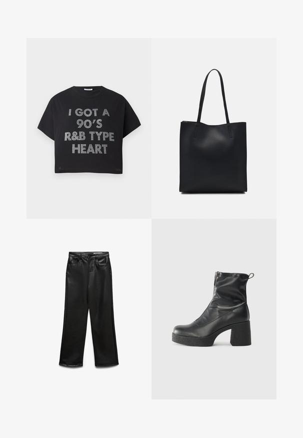 T-shirt crop preto feito de algodão, com texto em strass que diz: "TENHO UM CORAÇÃO DO TIPO R&B DOS ANOS 90." mangas curtas e decote redondo.; Calças largas de imitação de couro preto com bolsos frontais, passantes para cinto e brilho subtil. Textura suave e ajuste personalizado.; Botas de tornozelo pretas feitas de couro liso, com fecho lateral, salto grosso texturizado e design de bico arredondado.; Bolsa tote preta em couro com textura lisa, forma retangular e duas alças longas. Sem hardware ou enfeites visíveis.