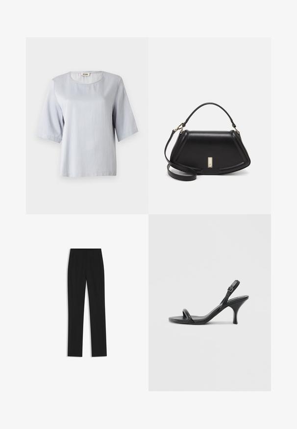 Light gray short-sleeve top with a round neckline, made of soft fabric. Simple design with a loose fit, featuring clean edges and no embellishments.; Black tailored trousers with a straight-leg design, featuring front pockets and a smooth, textured fabric. Neat, minimal detailing.; Black leather high-heeled sandals with a slim, curved heel and a crossed strap design. Adjustable ankle strap. Smooth texture.; Black leather handbag with a structured design, featuring a cropped shape, top handle, and gold hardware accent. Adjustable shoulder strap included.